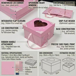 Boîte cadeau pliable de luxe personnalisée, expédiée à plat, en carton micro-ondulé avec fenêtre en forme de cœur et poignée en ruban de satin, vente en gros - Product Image 2