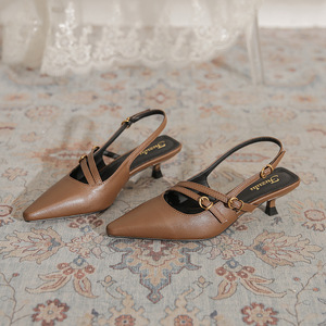 Brown Genuine Leather Pointed Toe Slingback Pumps Kitten Heel Buckle Strap Fashion Women's Shoes All Seasons High Heeled Shoes - Product Image 1