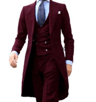 Costume Homme de Luxe 3 Pièces Col Cranté Un Bouton Queue de Pie Mariage Travail Coupe Ajustée Smoking Long Blazer Gilet Pantalon Rouge Bordeau