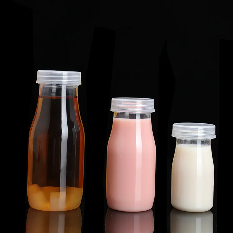 Mini botellas de leche con tapas transparentes, botellas de plástico para bebidas de verano, 100ml, 200ml, 300ml