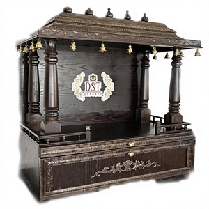 Mandir de Madera Dorado de Diseño Tradicional, Unidad de Pooja de Madera Tallada en Estilo Mehraab para el Hogar - Product Image 4