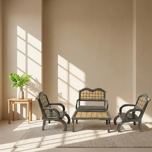 Ensemble de canapés vintage en bois massif 4 places (1+1+2) avec finitions en laiton et table basse – Mobilier de salon de luxe antique - Product Image 1