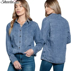 Dames 2023 Nieuwkomers Mode Casual Button Down Vintage Lange Mouw Katoenen Jeans Shirts Vrouwen Tops Denim Shirt