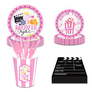 Huancai film soirée fête fournitures rose assiettes en papier tasses serviettes vaisselle jetable ensemble pour <span class=keywords><strong>anniversaire</strong></span> cinéma fête décorations - Product Image 3