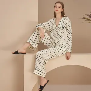 Ice Silk 2 Pieces Sets Pajamas French Polka Point Silk Satin Pyjama Comfortable Simple Women's Sleepwear
