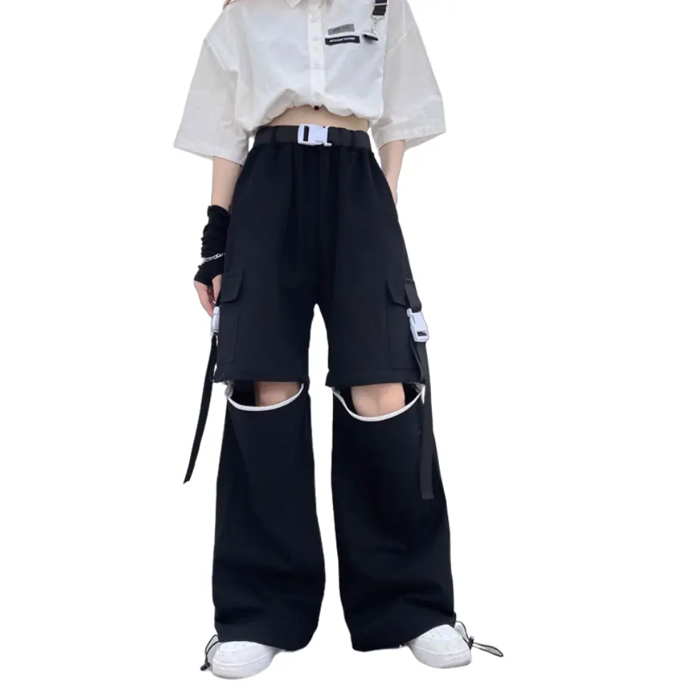 Casual Women Zipper Detachable Bottom Trousers Cargo Pants with Buckles