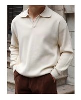 Polo tricoté décontracté pour homme, style vintage, à manches longues, col rabattu, anti-plis, col en V, pour l'automne