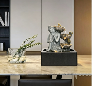 <span class=keywords><strong>Fontaine</strong></span> Bouddha en argent avec cascade de feuilles de lotus, éclairage LED et <span class=keywords><strong>bassin</strong></span> carré imitation pierre <span class=keywords><strong>pour</strong></span> décoration zen - Product Image 3
