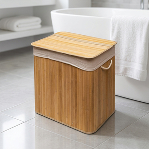 Panier à linge pliable en bambou à 3 compartiments avec couvercle à clipser et poignées pour buanderie, chambre et salle de bain - Product Image 1