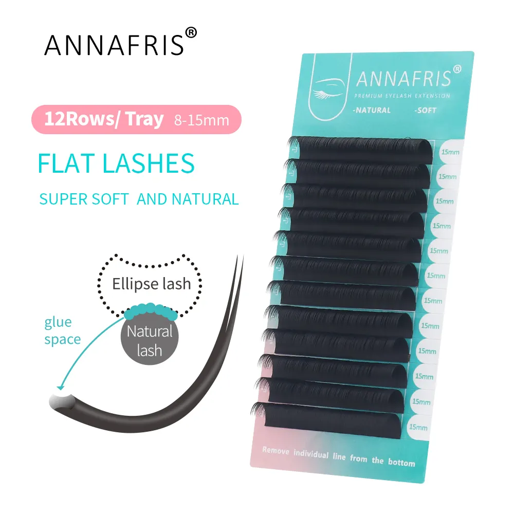 ANNAFRIS Distribuidores Soft Flat Cílios Extensão Logotipo Privado Ellipse Silk Hand Made Natural C D Curl Duas Dicas New Flat Lash