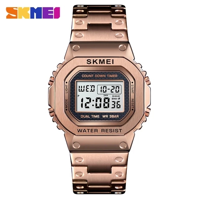 SKMEI 1456 Men Chronograph Countdown Wristwatch Shock Resistant Digital Watch Stainless Steel Strap LED Reloj Brand Watch