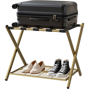 Gold Luggage <strong>Rack</strong>, Foldable Iron Suitcase Stand with 5 Nylon Straps, Luggage Holder with Shelf for Guest Room Bedroom Hotel - Product Image 1