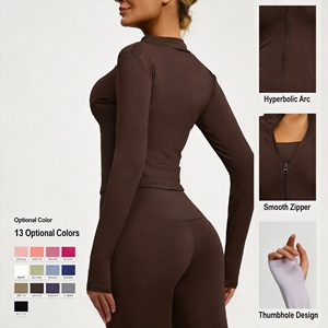 Veste de yoga pour femme à manches longues, coupe ajustée, en nylon et élasthanne, séchage rapide, avec fermeture éclair, pour la gym, le yoga, la course à pied, la remise en forme et l'entraînement - Product Image 3