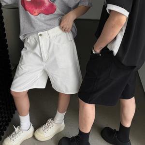 Shorts en denim blanc d'été pour hommes, style coréen tendance, couleur unie, décontractés, pour couple, coupe évasée, polyvalents, respirants, lavage au laser - Product Image 4