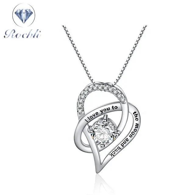 I Love You To The Moon and Back Love Heart Sterling Silver Jewelry Cubic Zirconia Pendant custom Necklace