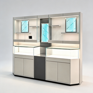 Mostrador de Exhibición de Isla con Vidrio Curvo y Acabado en Madera Oscura, Vitrina de Joyería de Lujo con Retroiluminación LED, Mobiliario Modular para Tiendas Minoristas - Product Image 1
