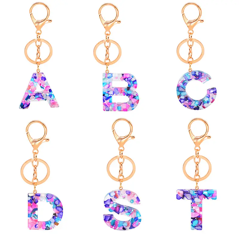 2021 수제 골드 실버 자동차 반지 열쇠 고리 다채로운 진짜 돌 알파벳 수지 초기 26 편지 여성 키 체인