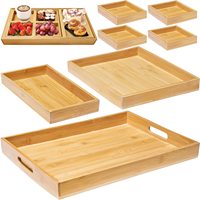 Plateaux de service en bois de bambou avec poignée-Lot de 7-Grands, moyens, petits et mini-Plateaux polyvalents imbriqués-pour le petit-déjeuner,