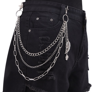 Cadena de pantalón metálica multicapa yueliTrendy con colgante de calavera y plumas, cadena de cintura punk para moda casual - Product Image 1