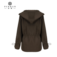Parka en laine mélangée marron foncé pour femme avec capuche, taille ajustable par cordon de serrage, poches contrastantes, manteau d'hiver décontracté