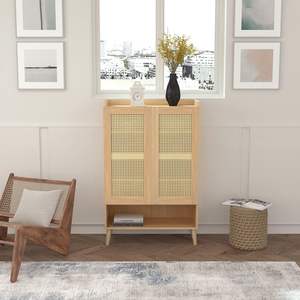 Armadio <span class=keywords><strong>in</strong></span> legno massello con 2 ante <span class=keywords><strong>in</strong></span> <span class=keywords><strong>vimini</strong></span>, armadietto con ripiani per soggiorni o sale da pranzo - Product Image 2