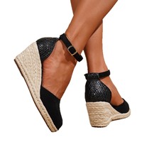 Espadrilles confortables à talon compensé pour femme, style européen, avec découpe tressée à l'arrière et boucle à la cheville, idéales pour le bureau et la marche quotidienne