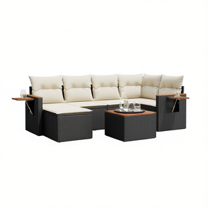 Cream White Garden <b>Sofa</b> Set With Side Tables 6 Seater Outdoor Furniture <b>Rattan</b> Wicker Contemporary Design - Product Image 1