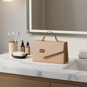 Sac à cosmétiques Fana pour femmes, grande capacité, en PU, avec poignée supérieure, élégant, organiseur de maquillage, couleur unie, nude - Product Image 2