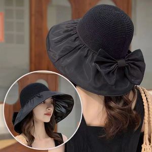 Sombrero de protección solar de verano para mujer, diseño de lazo de ala ancha, protección UV, sombrero plegable, tela de poliéster de color sólido - Product Image 3