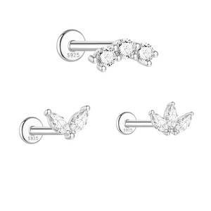 Flat <b>Back</b> 1.2x8mm Rhodium Plating 925 Sterling Silver Classic Moissanite Row Marquise Solitaire Crown Piercing <b>Earrings</b> - Product Image 1