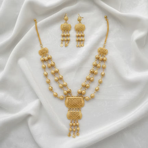 Magnifique ensemble de collier long en or uni pour femmes, bijoux ethniques anciens, perles, demi-micro-or poli, design fantaisie, à porter pour les fêtes - Product Image 1