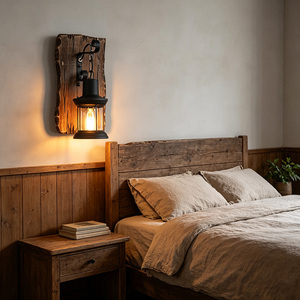 Applique murale lanterne industrielle rustique en bois, lampe murale vintage en métal noir et verre pour la décoration de cafés et couloirs - Product Image 5