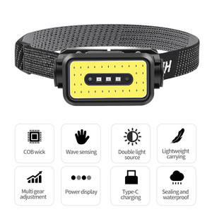 Linterna frontal LED multifuncional con batería incorporada, recargable por USB tipo C, ligera, con sensor COB para senderismo, camping y patrullaje. - Product Image 5