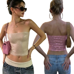 Women's Sexy <b>Sequined</b> Shiny Knitted Short <b>Crop</b> <b>Top</b> Solid Color Fitted Bandeau - Product Image 1