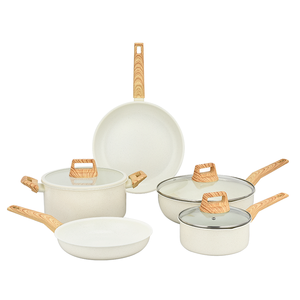 Juego de utensilios de cocina comerciales Olla de granito Utensilios de cocina Mango de grano de madera Sartenes de aluminio blanco Antiadherente Restaurante Calidad personalizable - Product Image 1