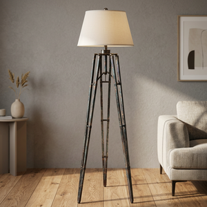 Lampe sur pied en bois vieilli chromé, style moderne, avec abat-jour blanc pour chambre à coucher, salon, bureau - Product Image 4