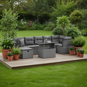 Ensemble de canapés de jardin modulaires gris en rotin PE avec structure en acier, 6 places, mobilier d'extérieur au design contemporain - Product Image 2