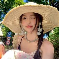 Nuevo Sombrero de Paja Tejido para Mujer con Lazo de Encaje, Estilo Francés, Ala Ancha, Protección UV, para Playa y Vacaciones