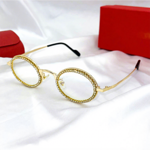 Lunettes de vue rondes dorées de luxe, monture entièrement sertie de strass, verres anti-reflets pour femmes, style décontracté pour adultes, boîte incluse - Product Image 1