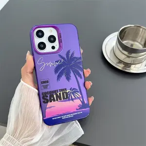 New Ins style Sunset Coconut Tree Phone case For iPhone 15 Pro Max 14 Plus 13 12 11 XS XR Colour Silver IMD Hard Back Cover
