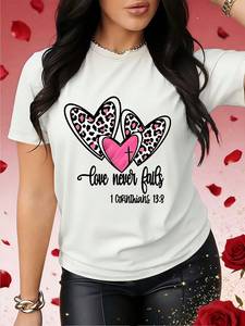 T-shirt da donna per San Valentino con stampa di cuori leopardati, manica corta, casual, girocollo, in cotone traspirante - Product Image 3