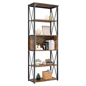 BESTIER Metal Frame Industrial Vintage 5-tier Shelf Storage Organizer Wooden Shoe Rack For Living Room