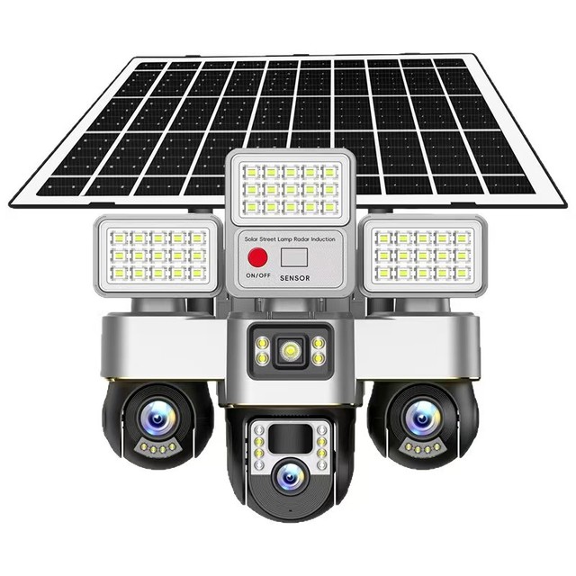 15W Solar Panel Street Light Camera AI Human Detection Triple Lens PTZ Low Power Dual Light Security Camera 16000mah Battery