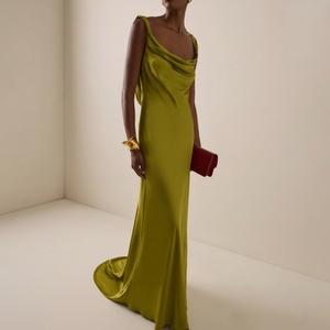 Vestido Largo de Noche Verde Oliva con Cuello Drapeado, Sin Mangas, Estilo Sirena, Formal, para Invitadas de Boda, Fiesta, Maxi Vestido para Mujer - Product Image 1