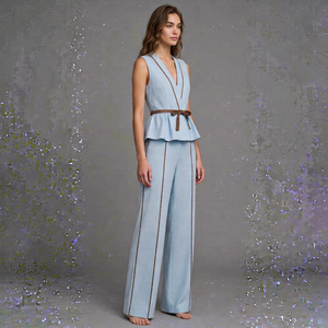 Women Sleeveless V-Neck Peplum <b>Top</b> Wide Leg Pants <b>Set</b> - Product Image 1