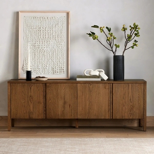 Buffet de salon 4 portes en chêne patiné style provincial français, 80 pouces, armoire de rangement pour salle à manger, personnalisable OEM ODM. - Product Image 2