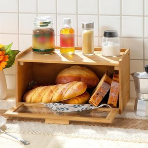 Boîte à pain en bambou double couche 36 cm avec couvercle rabattable pour le rangement des aliments et des articles divers de cuisine - Product Image 2