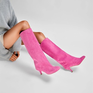 Suede Floral Pattern Knee High <strong>Boots</strong> for Women <strong>Wide</strong> Calf 2024 Winter <strong>Square</strong> <strong>Toe</strong> Slip-on Style Super High Stiletto Heel - Product Image 3