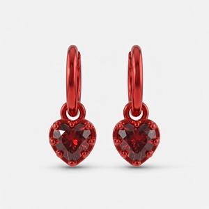 Boucles d'oreilles pendantes en argent sterling 925 avec finition rouge métallique et zircon cubique rouge taille cœur - Product Image 1