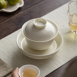 Apricot White Porcelain Gaiwan <b>Teacup</b> Handmade Three Piece Bowl High Footed Single Anti Scalding Kung Fu Tea Set - Product Image 5